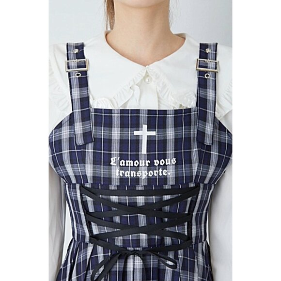 ANK ROUGE Hime Gyaru blue plaid corset front dress - Picture 1 of 8